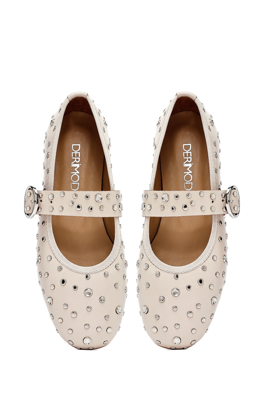Women's Beige Buckled Stoned Leather Ballerinas