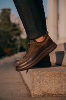 Erkek Vizon Bağcıklı Kalın Tabanlı Deri Sneaker | Derimod