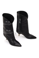 Woman Black Printed Thin-Heel Leather Boots | Derimod