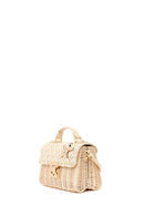 Woman Beige Long-Strap Stone-Embellished Woven Mini Crossbody Bag | Derimod