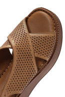 Women's Tan Ankle Strap Printed Wedge Heel Leather Comfort Sandals | Derimod