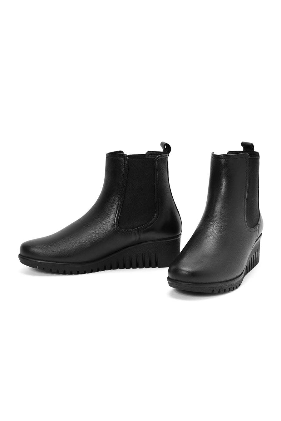 Women's Black Wedge Heel Leather Comfort Chelsea Boots