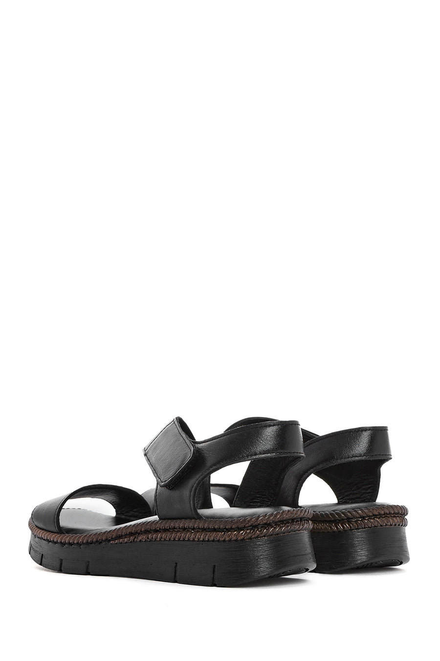 Kadın Siyah Bantlı Deri Comfort Sandalet