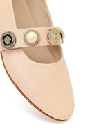 Women's Beige Stoned Leather Ballerinas | Derimod