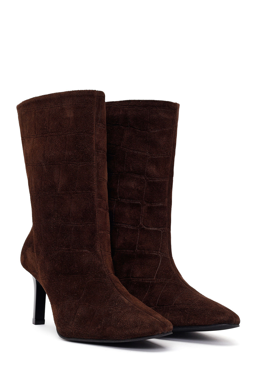 Woman Brown Thin Heeled Printed Suede Boots