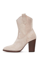 Women's Beige Suede Leather Heeled Cowboy Boots | Derimod