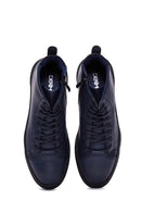 Men's Navy Blue Leather High Top Sneaker | Derimod