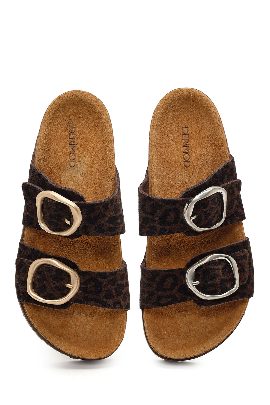 Women's Brown Double Buckle Leopard Print Chunky Sole Suede Leather Slippers
