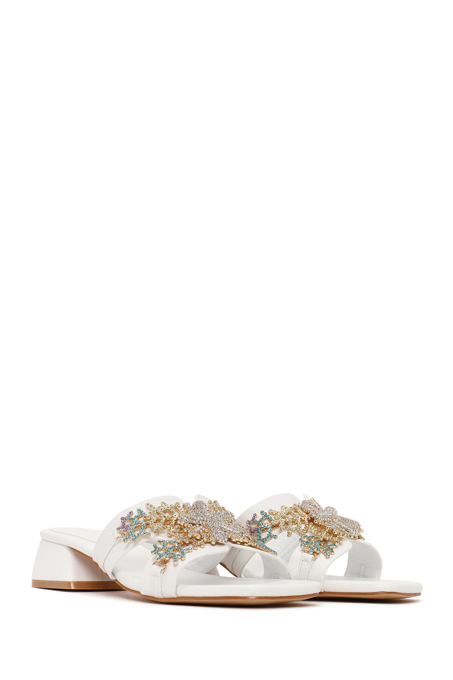Woman White Stone-Embellished Thick Short-Heeled Slipper
