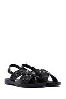 Women's Black Stone Straw Sandals | Derimod