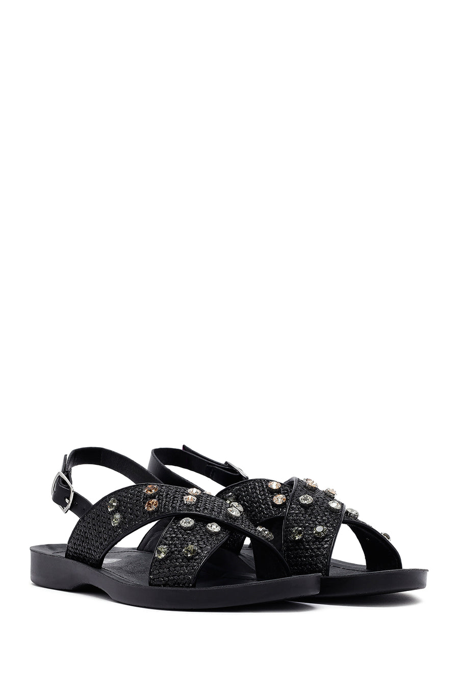 Women's Black Stone Straw Sandals