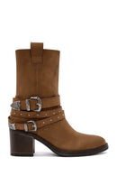 Women's Tan Suede Heeled Cowboy Boots | Derimod