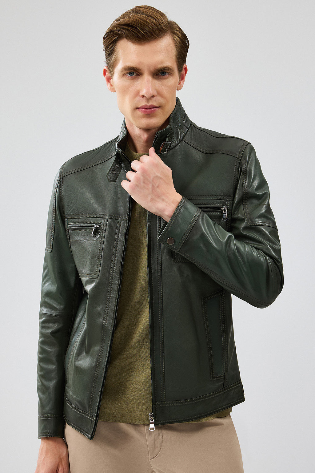 Wade Erkek Haki Slim-Fit Deri Mont