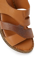 Woman Tan Wedge-Heel Leather Comfort Sandal | Derimod