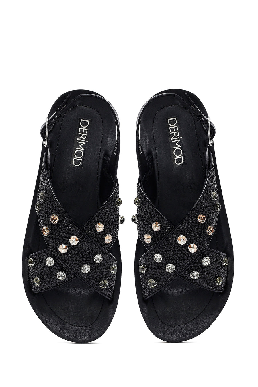 Women's Black Stone Straw Sandals