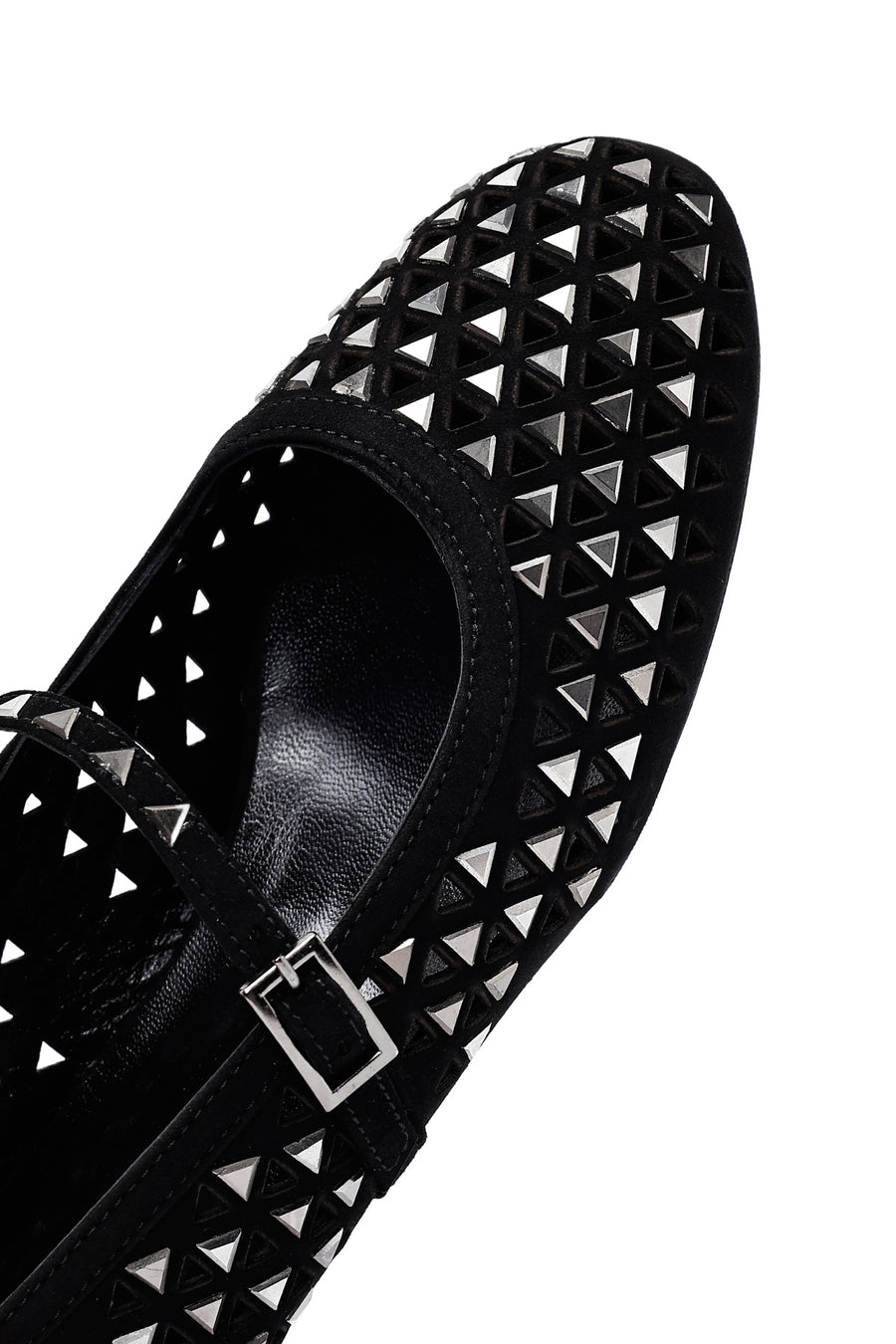 Women's Black Buckled Stoned Leather Ballerinas