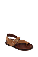 Woman Tan Suede Toe-Post Sandal | Derimod