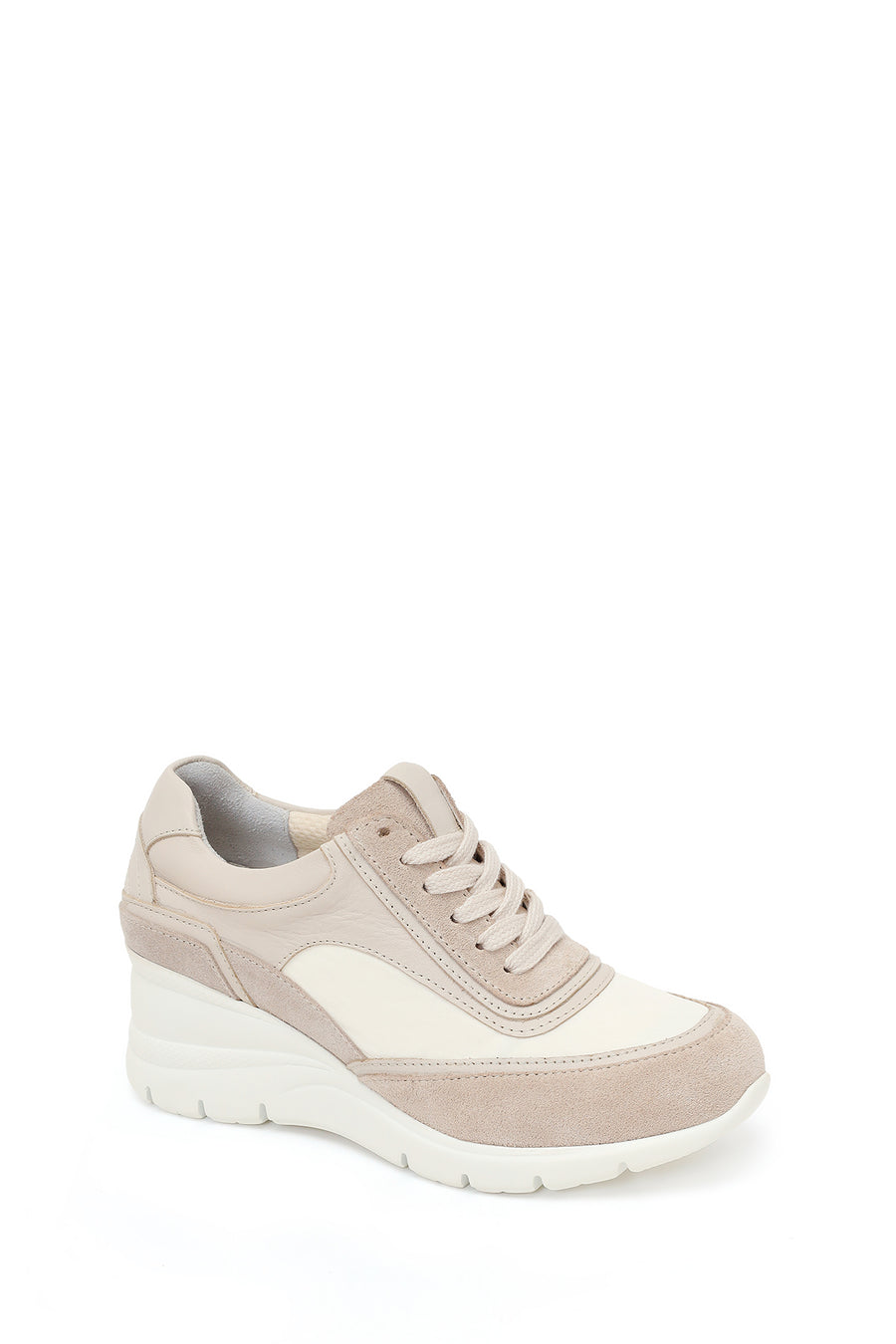 Woman Beige Lace-Up Wedge-Heel Suede Leather Sneaker