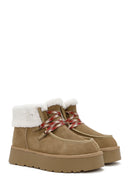 Woman Tan Thick-Soled Suede Leather Teddy Bot | Derimod