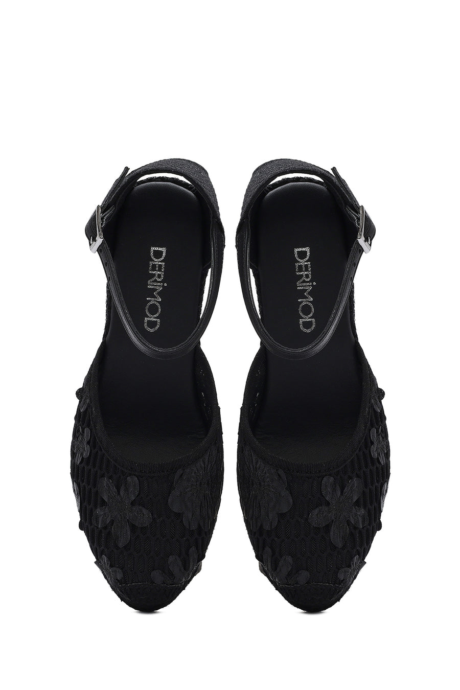 Women's Black Ankle Strap Patterned Wedge Heel Espadrilles