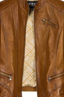 Donna Woman Camel Mandarin Collar Leather Jacket | Derimod