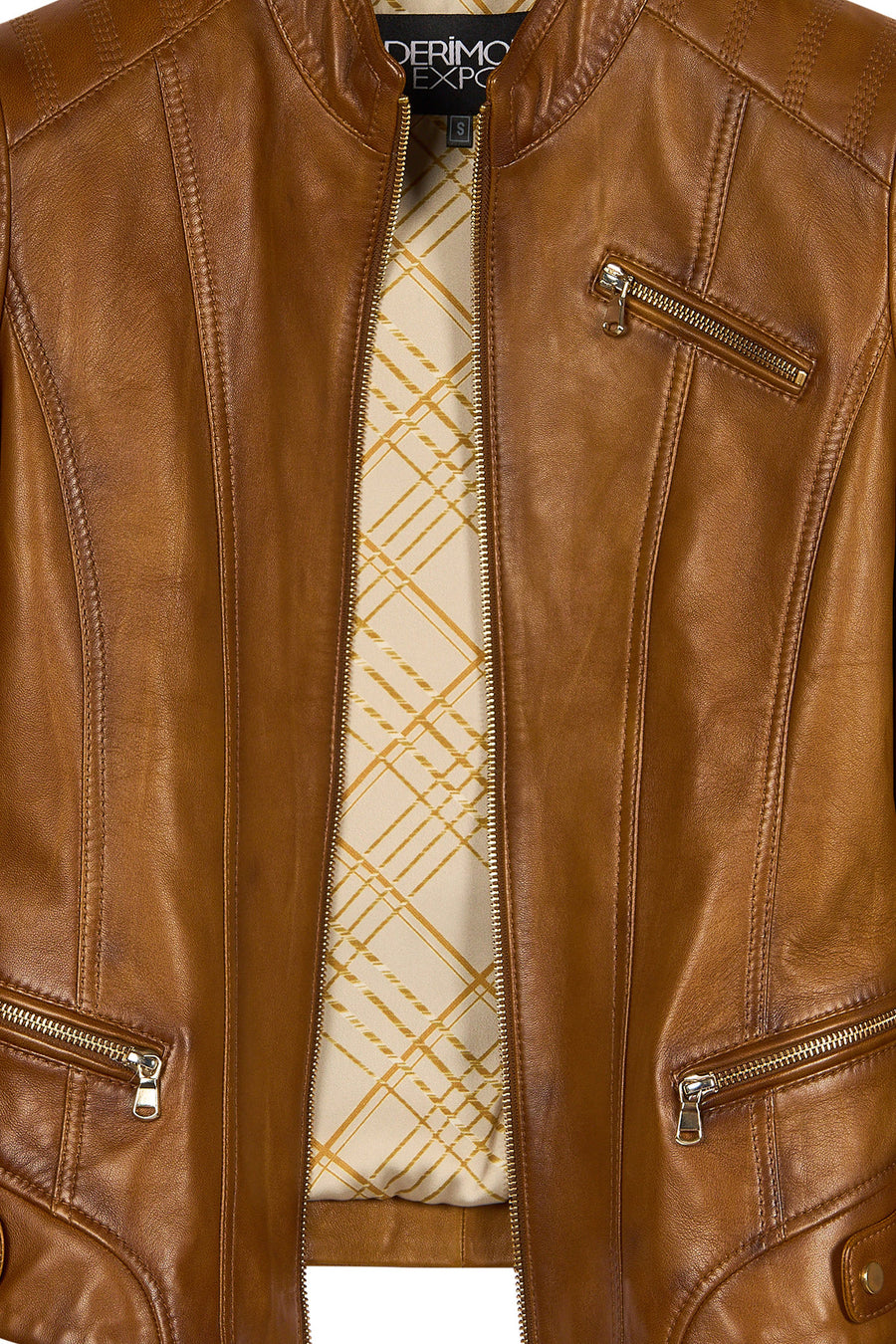 Donna Woman Camel Mandarin Collar Leather Jacket