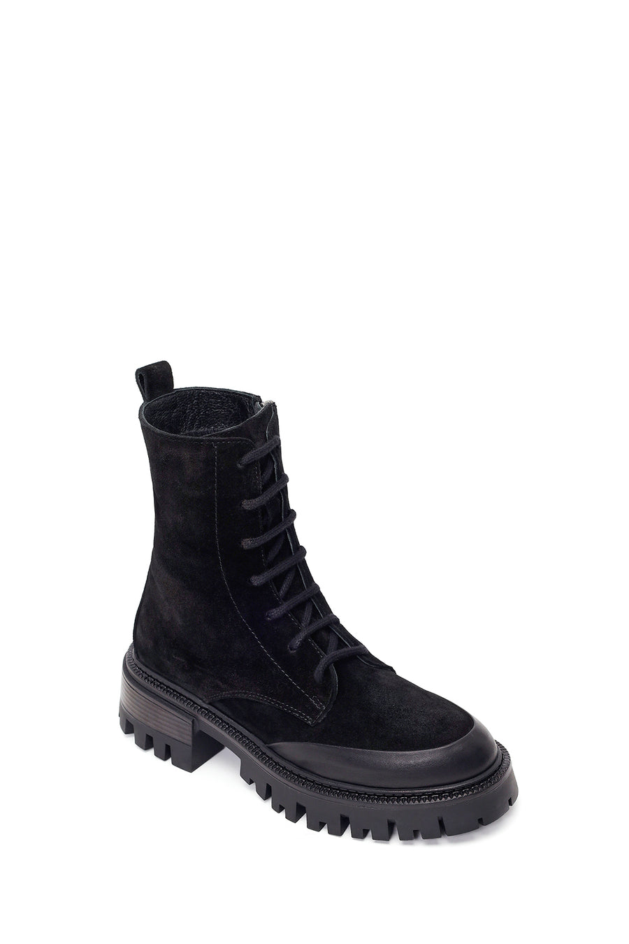 Woman Black Zip Closure Chunky-Heeled Suede Combat Boots