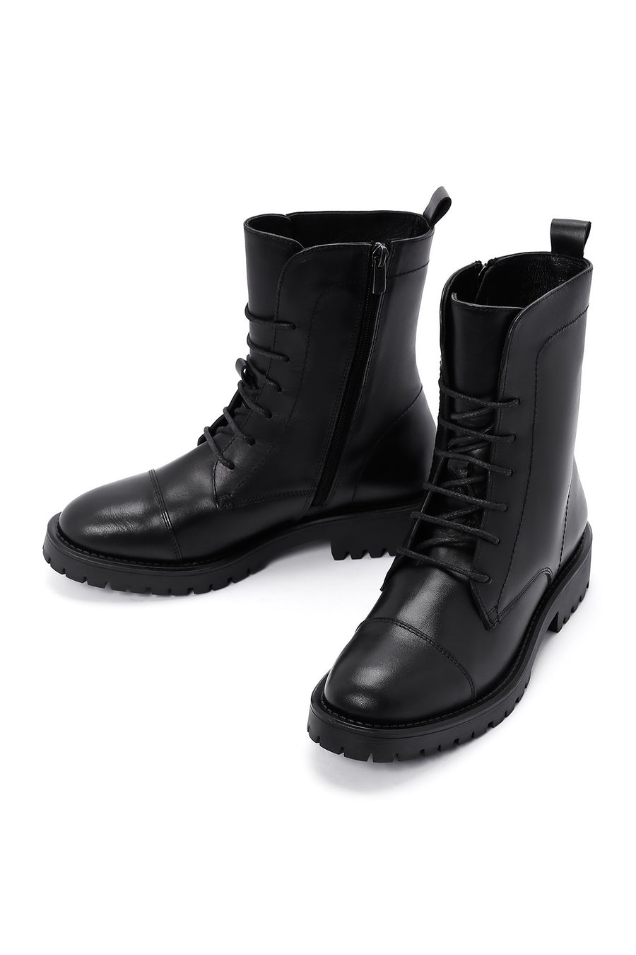 Women's Black Lace-Up Zipper Detailed Leather Combat Boots