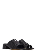Women's Black Short Thick Heeled Leather Slippers | Derimod