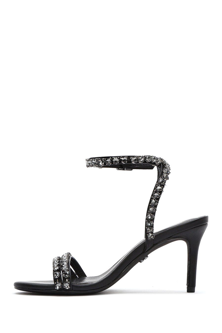 Women's Black Ankle Buckle Stoned Thin Heel Sandals