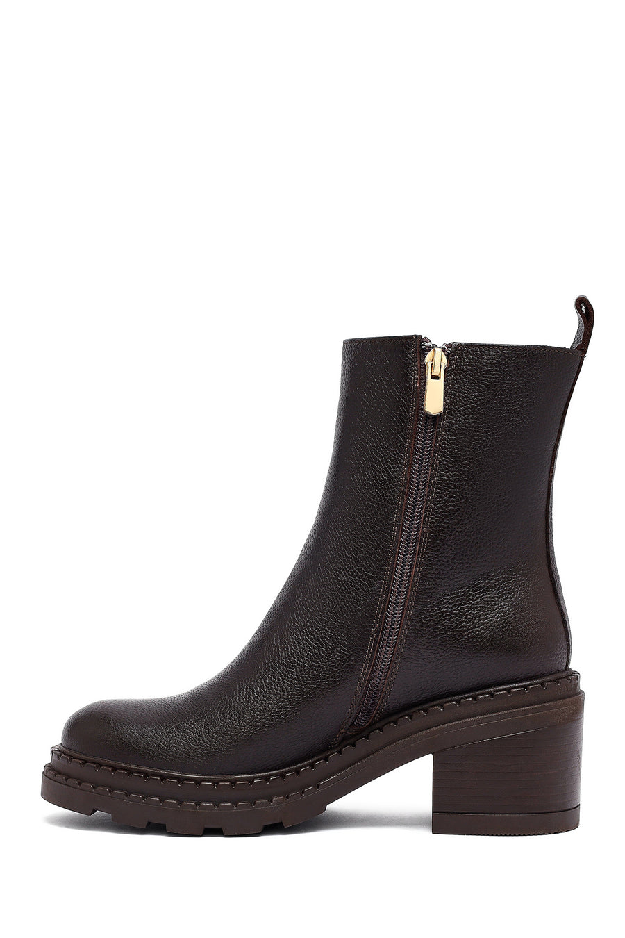 Woman Brown Zip Closure Platform Thick-Heeled Leather Boots
