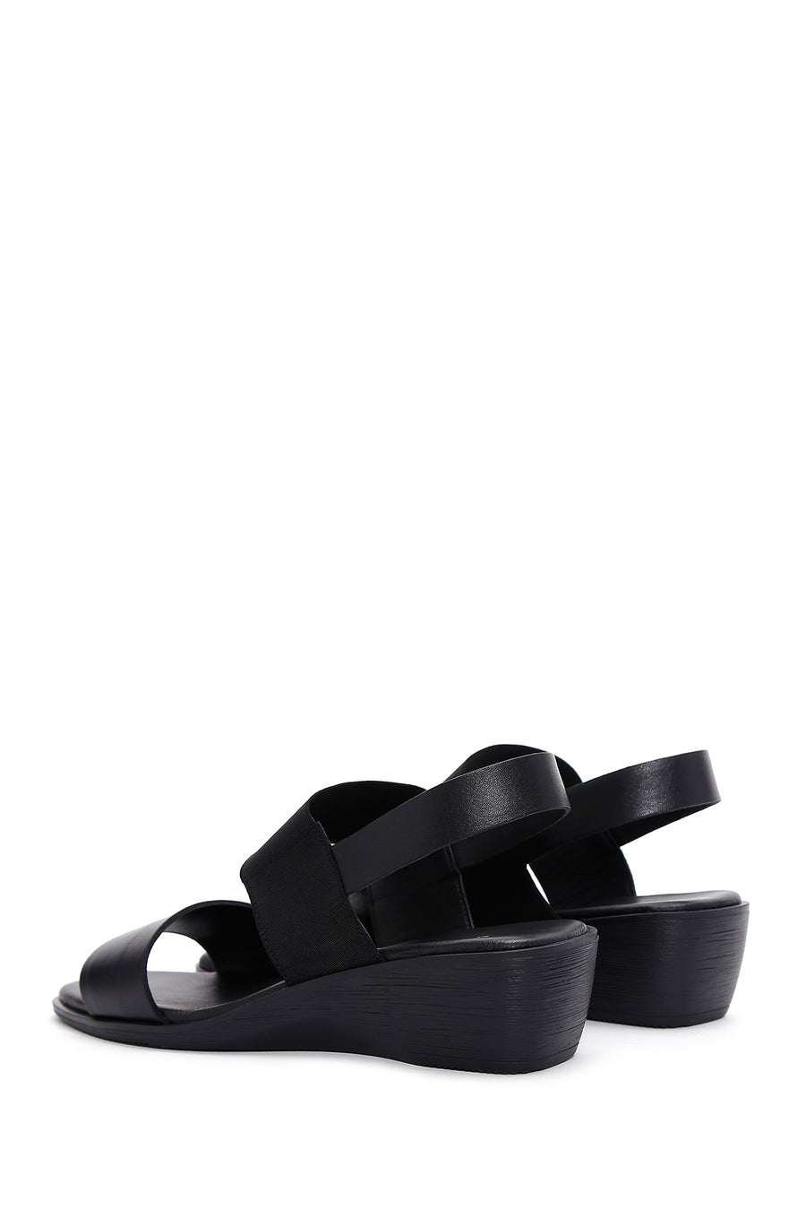 Women's Black Wedge Heeled Leather Sandals