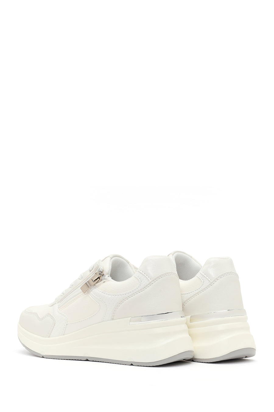Kadın Beyaz Yandan Fermuarlı Bağcıklı Kalın Tabanlı Sneaker