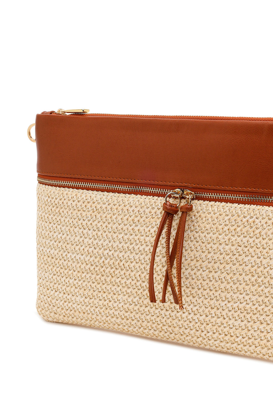 Woman Beige Long Chain Strap Wicker Clutch Bag