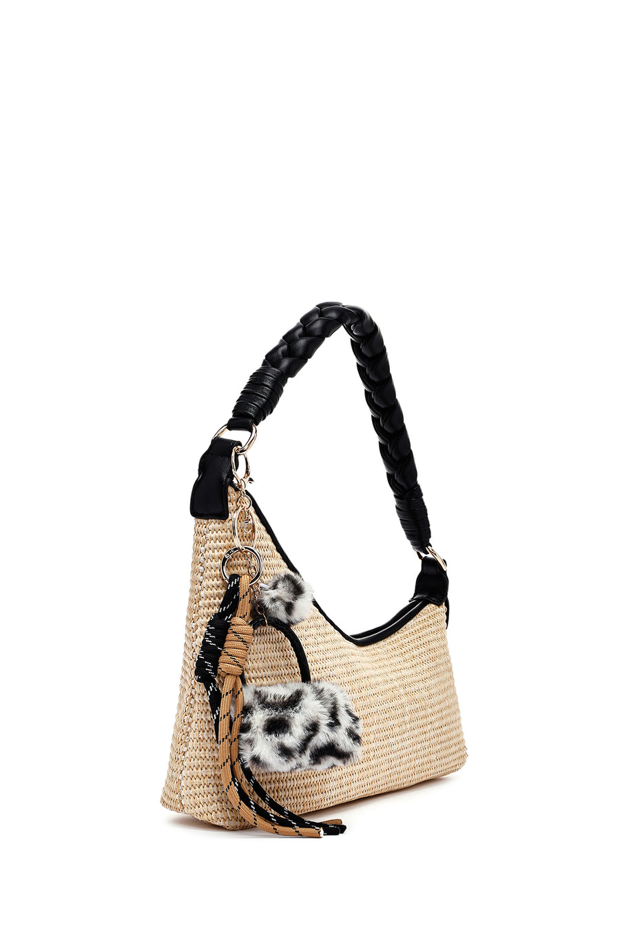 Woman Cream Charm-Embellished Straw Shoulder Bag