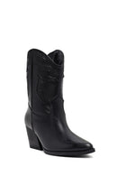 Woman Black Short Chunky Heel Leather Cowboy Boots | Derimod