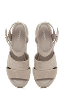 Women's Grey Wedge Heeled Suede Leather Sandals | Derimod