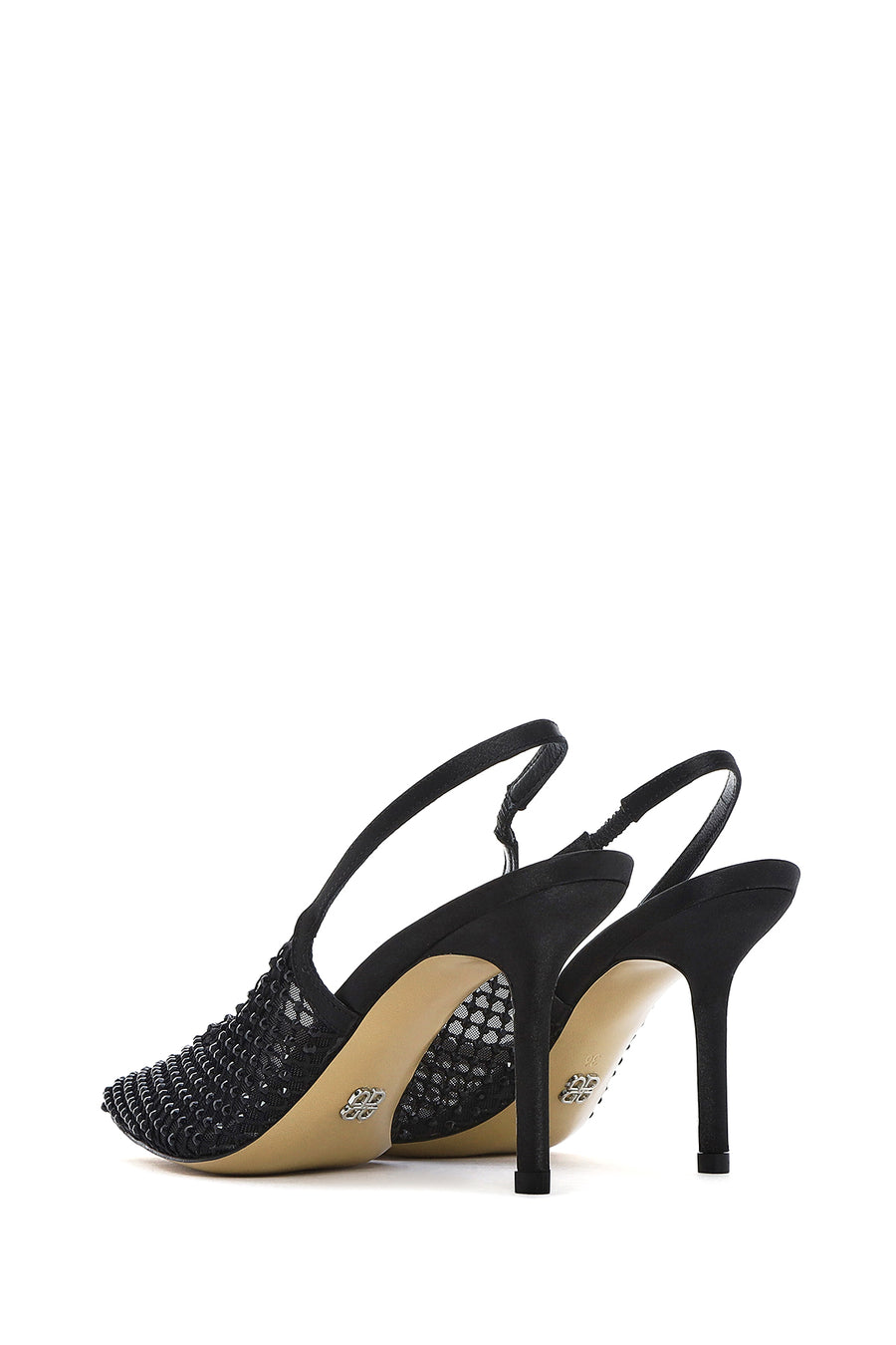Women's Black Stoned Open Back Thin Heeled Leather Shoes