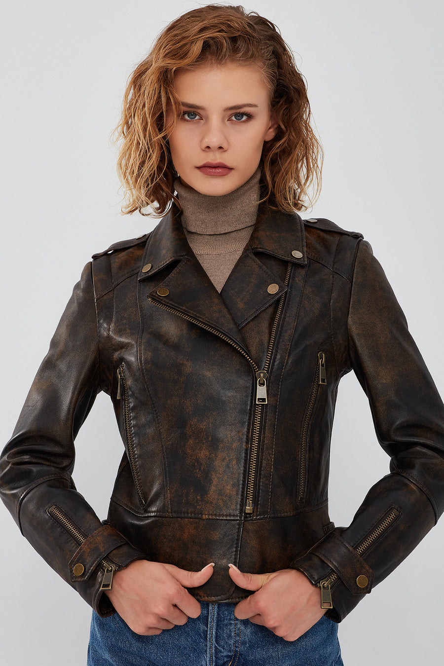 Newyork Women's Brown Vintage Biker Leather Jacket
