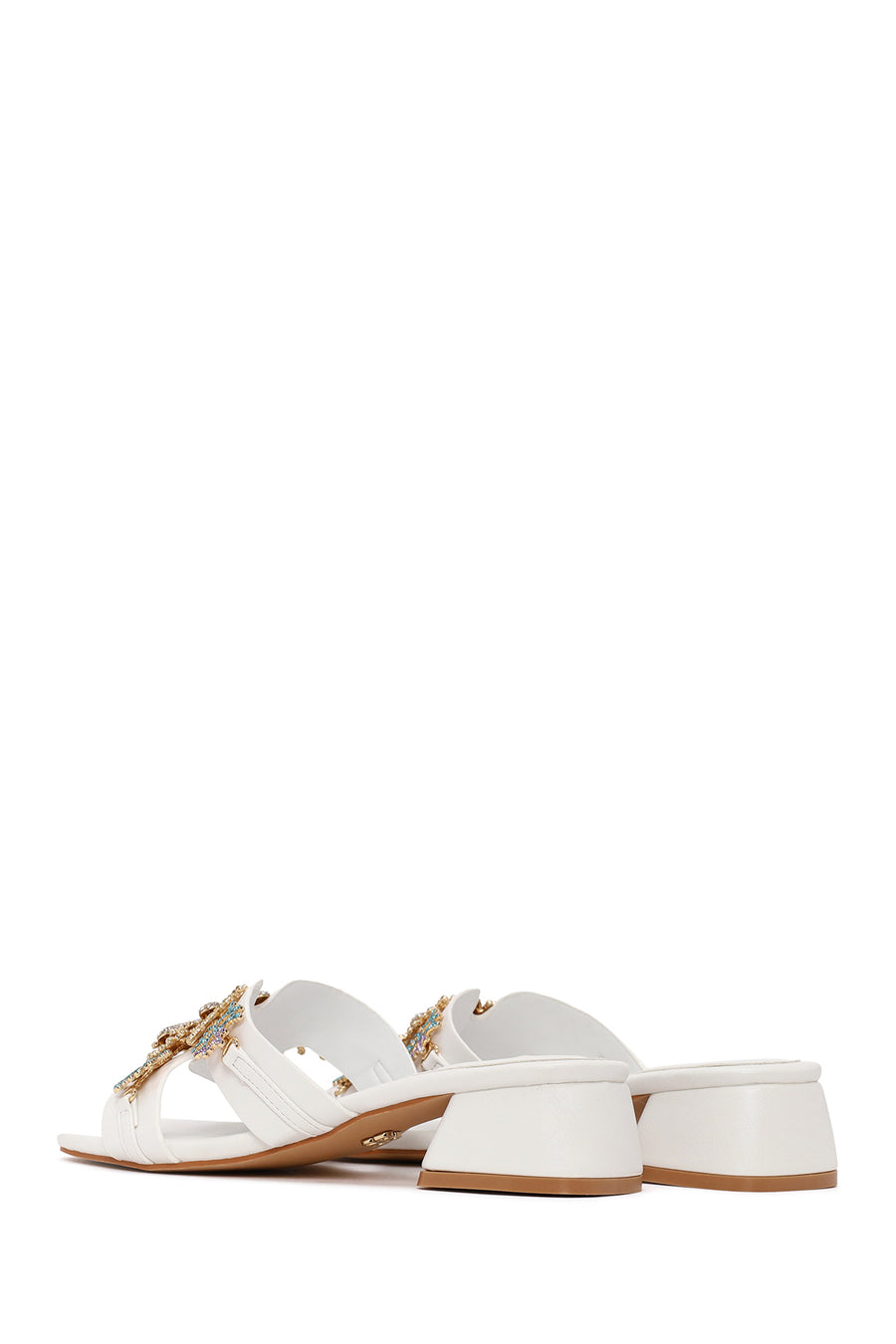 Woman White Stone-Embellished Thick Short-Heeled Slipper