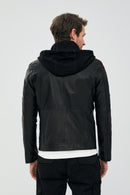 Formula Men's Black Embroidered Hooded Sports Leather Coat | Derimod