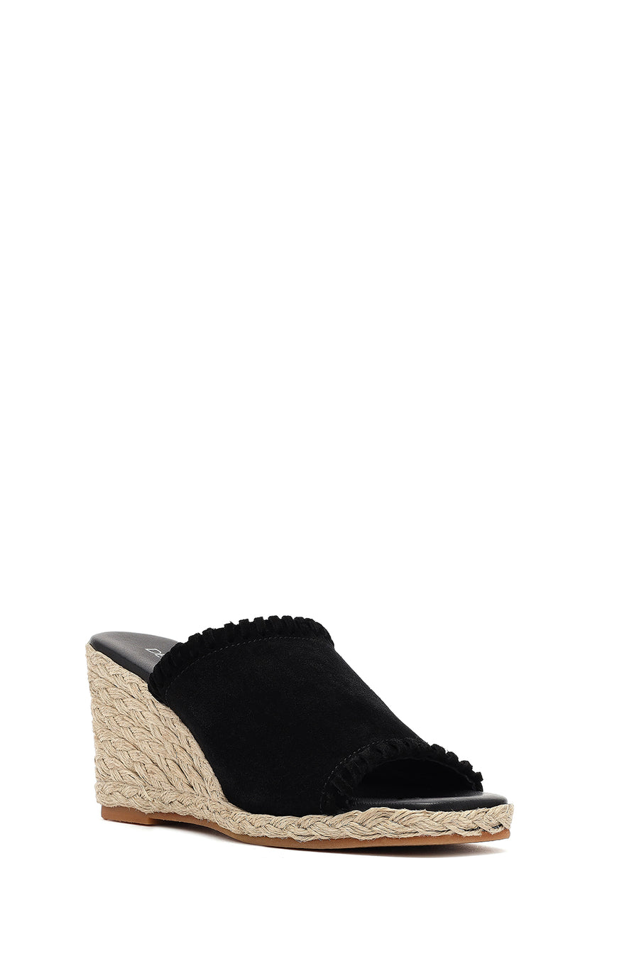 Women's Black Wedge Heeled Suede Leather Espadrille Slippers