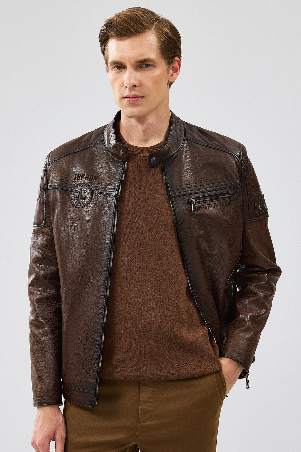 Kawhi Erkek Kahverengi Slim-Fit Armalı Deri Mont