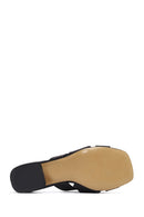 Women's Black Short Thick Heeled Leather Slippers | Derimod
