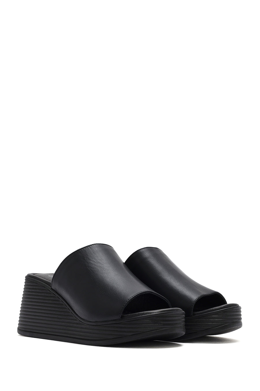 Women's Black Wedge Heeled Leather Slippers