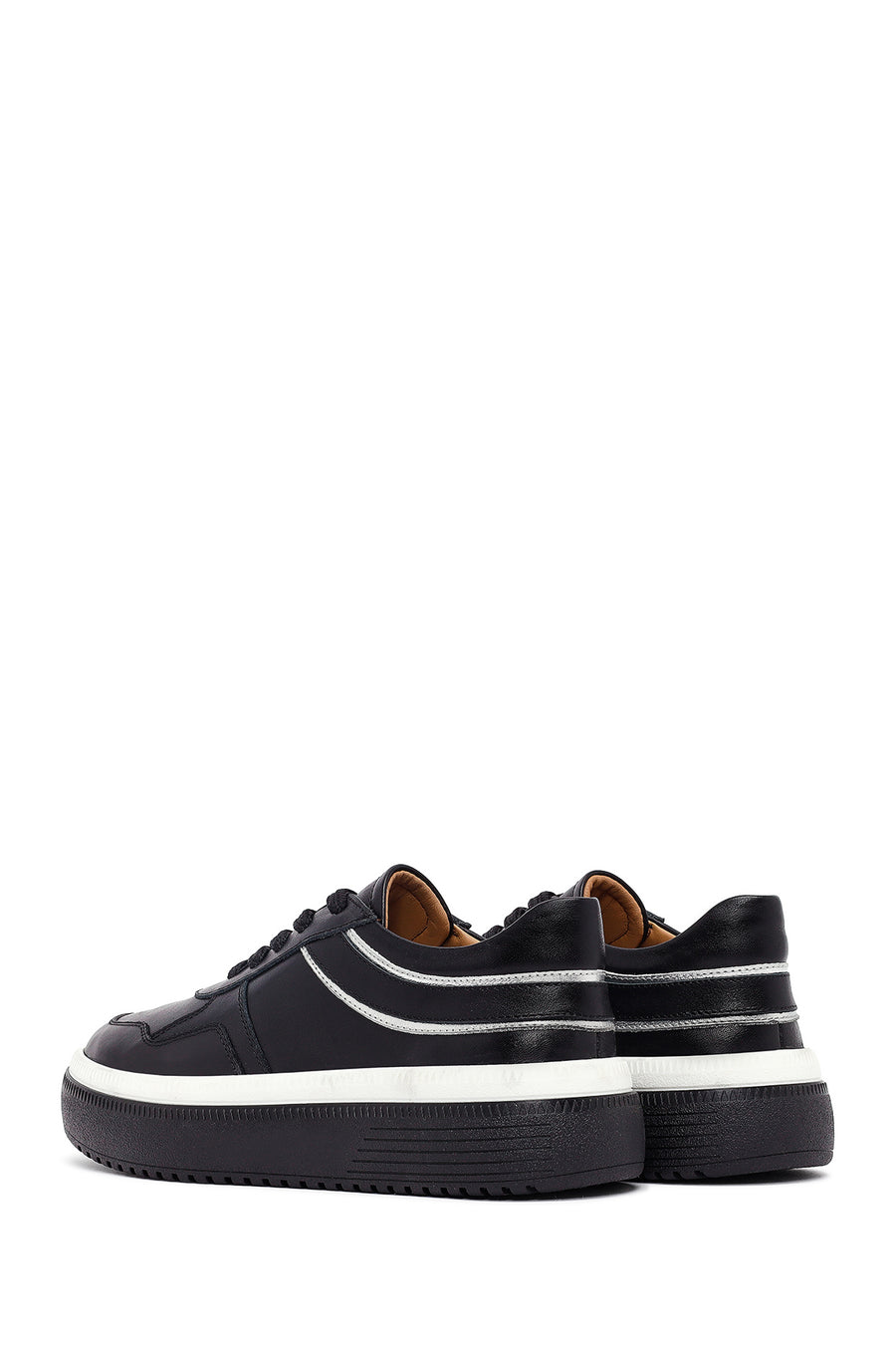 Women's Black Lace-Up Thick-Soled Leather Sneaker