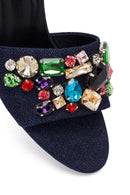 Women's Blue Thin-Heeled Satin Slippers with Rhinestones | Derimod
