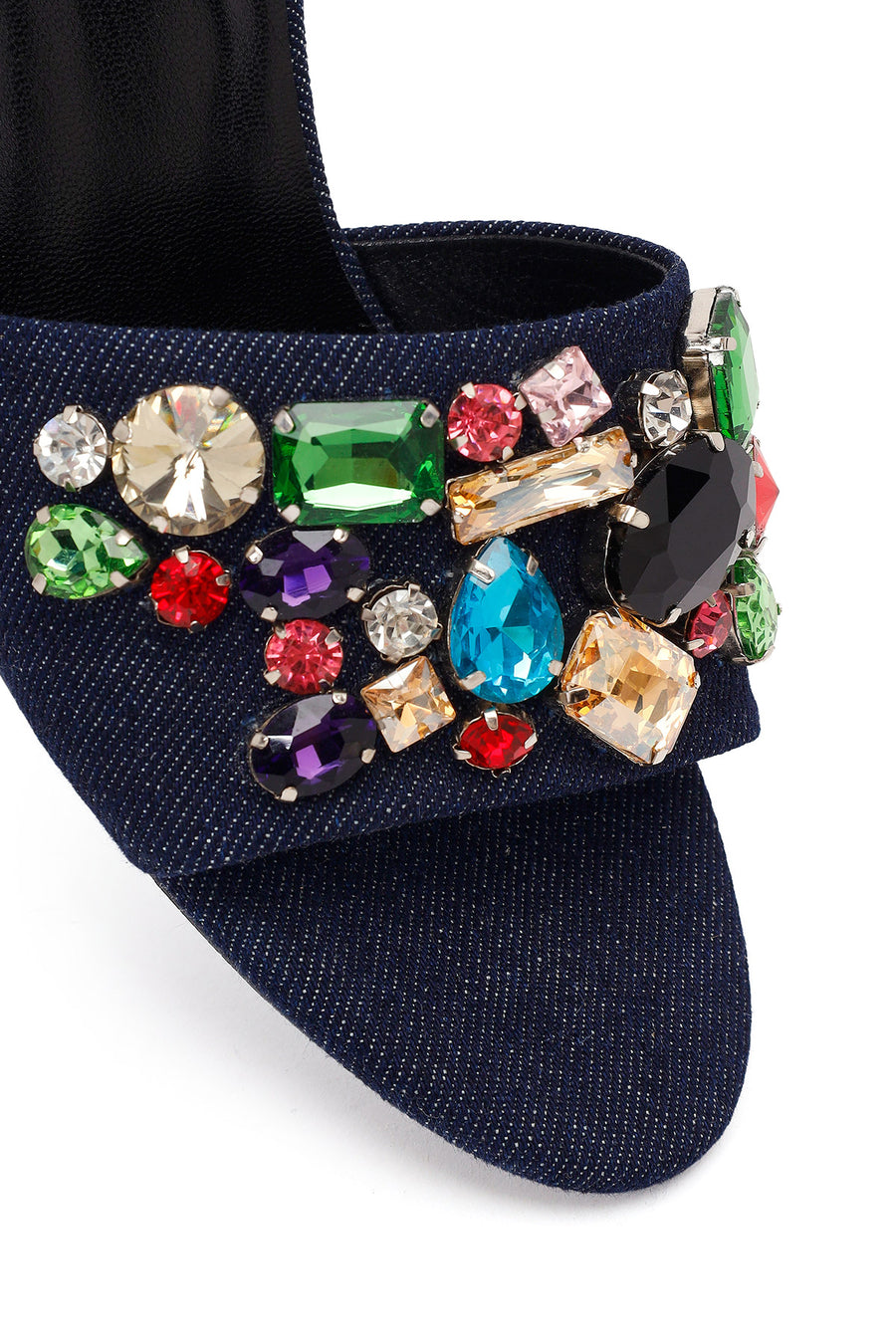 Women's Blue Thin-Heeled Satin Slippers with Rhinestones