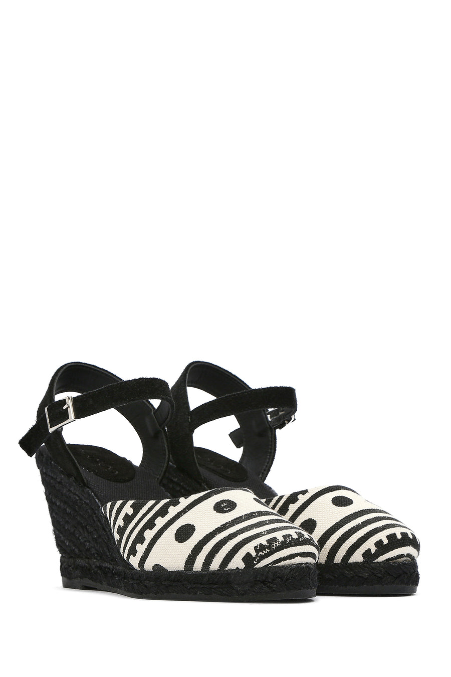 Kastamonu Stone Print Women's Black Patterned Wedge Heeled Espadrille Sandals
