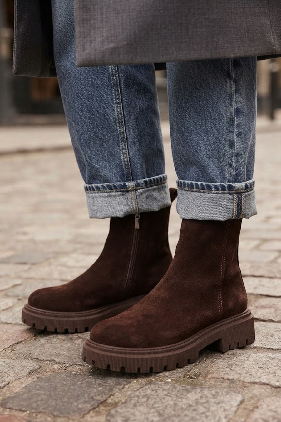 Woman Brown Zip Closure Thick-Soled Suede Boots